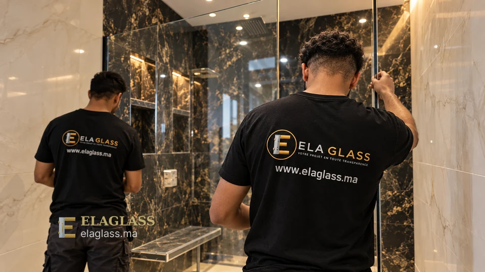 Techniciens Ela Glass lors d’une installation de vitrage sur mesure